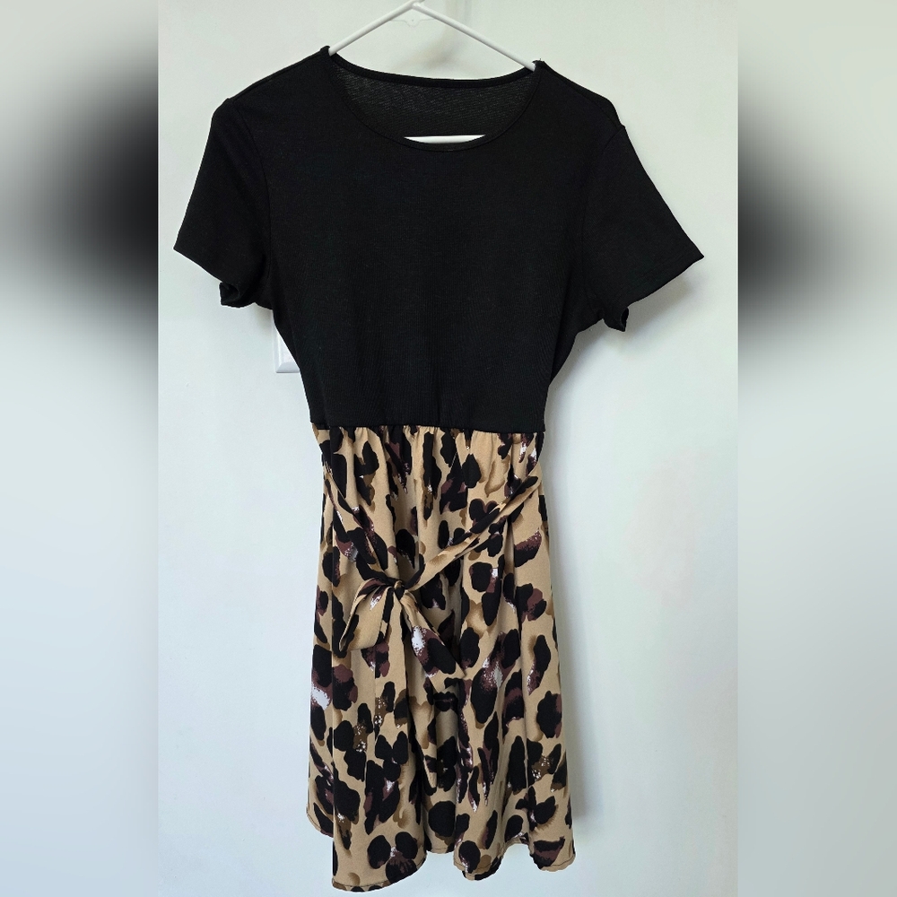 Black Top with Tan Leopard Print Midi Dress with Waist Tie